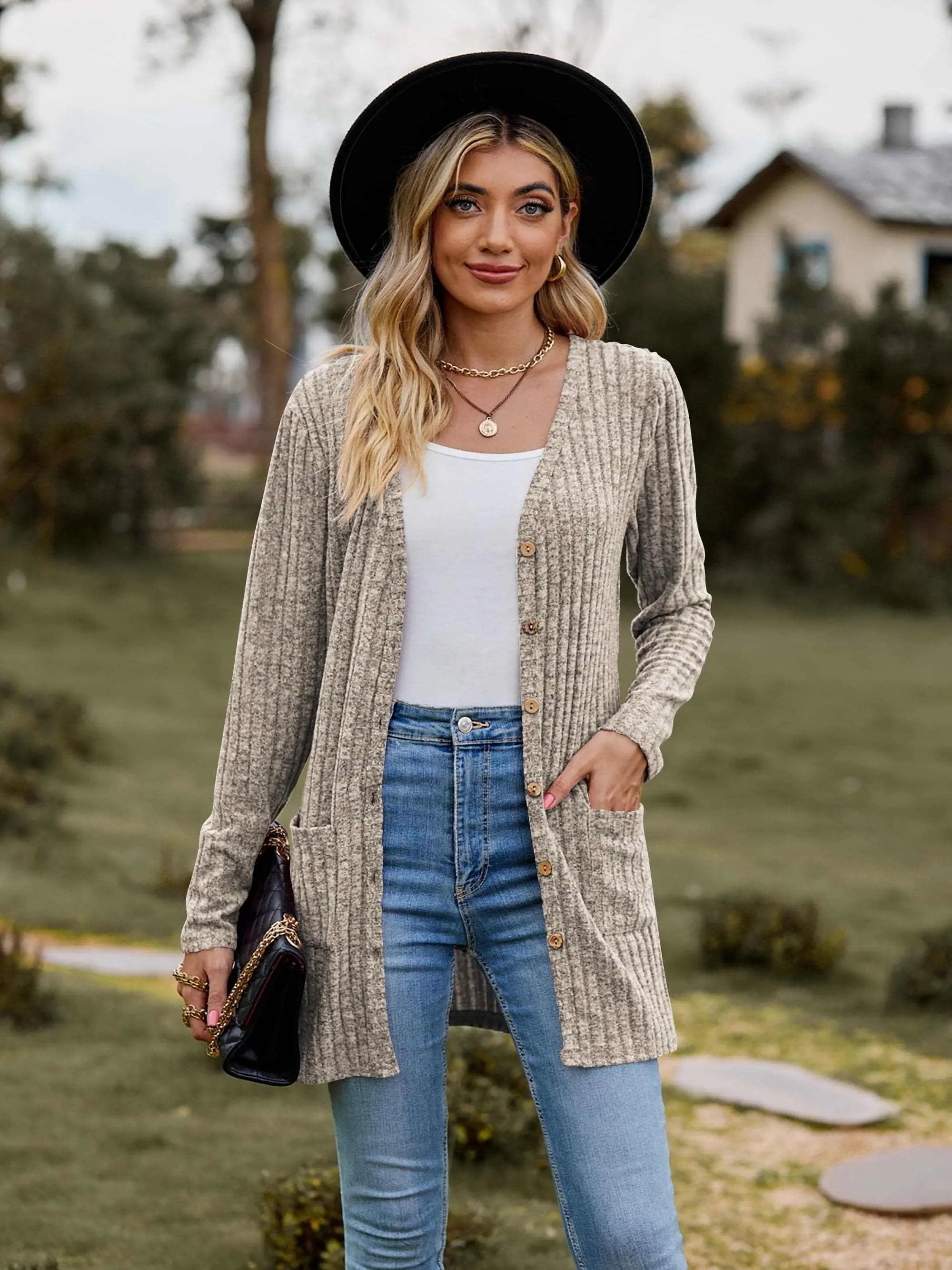 Heathered ribbed cardigan with pockets - Love Salve